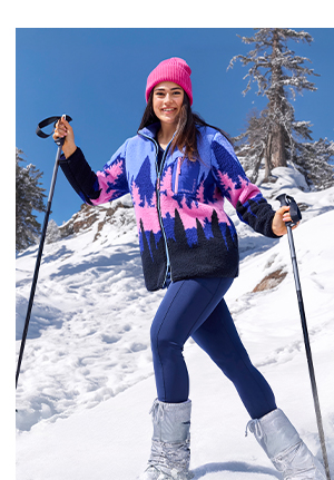 Giacca di pile con montagne, collo alto e zip a cursore doppio