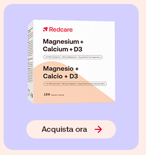 Integratore Redcare Magnesio + Calcio + D3 con confezione e pulsante &ldquo;Acquista ora&rdquo;.