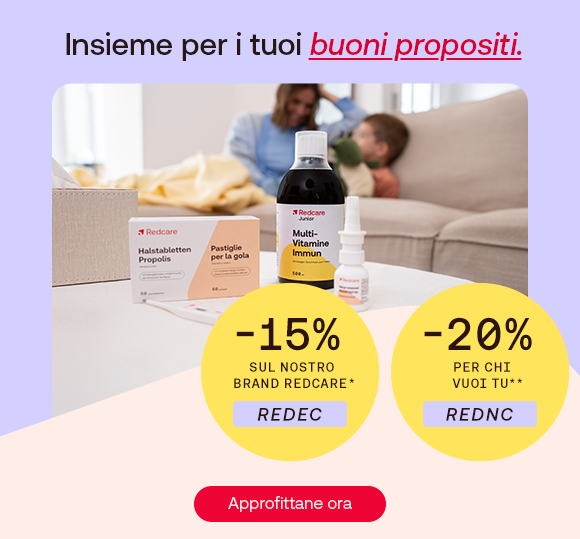 Banner promozionale Redcare con prodotti per il benessere, testo &ldquo;Insieme per i tuoi buoni propositi&rdquo;, sconti del 15% e 20% e pulsante &ldquo;Approfittane ora&rdquo;.