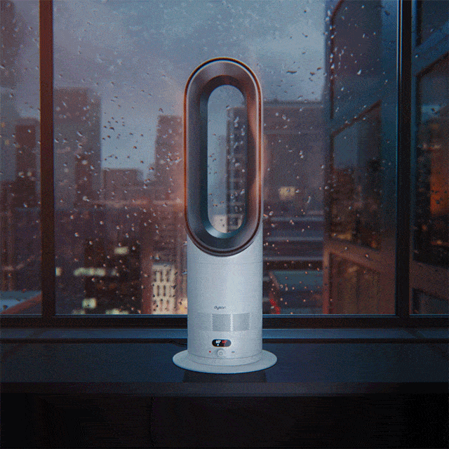 Il ventilatore e termoventilatore Dyson Hot+Cool HF1 Remote Link Pre-heat davanti a un rumoroso paesaggio urbano al crepuscolo in inverno.