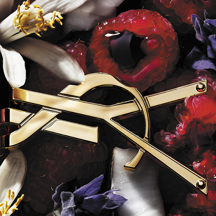 Un primo piano si concentra sul radioso logo YSL dorato, intricatamente intrecciato con lamponi rossi succosi che sembrano luccicare di umidit&agrave;.