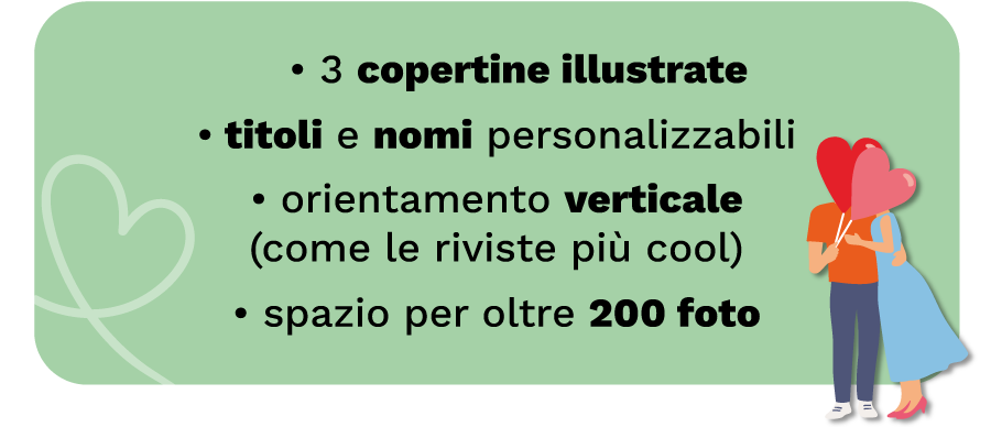 - 3 copertine illustrate - titoli e nomi personalizzabili - orientamento verticale (come le riviste più cool) - spazio per oltre 200 foto