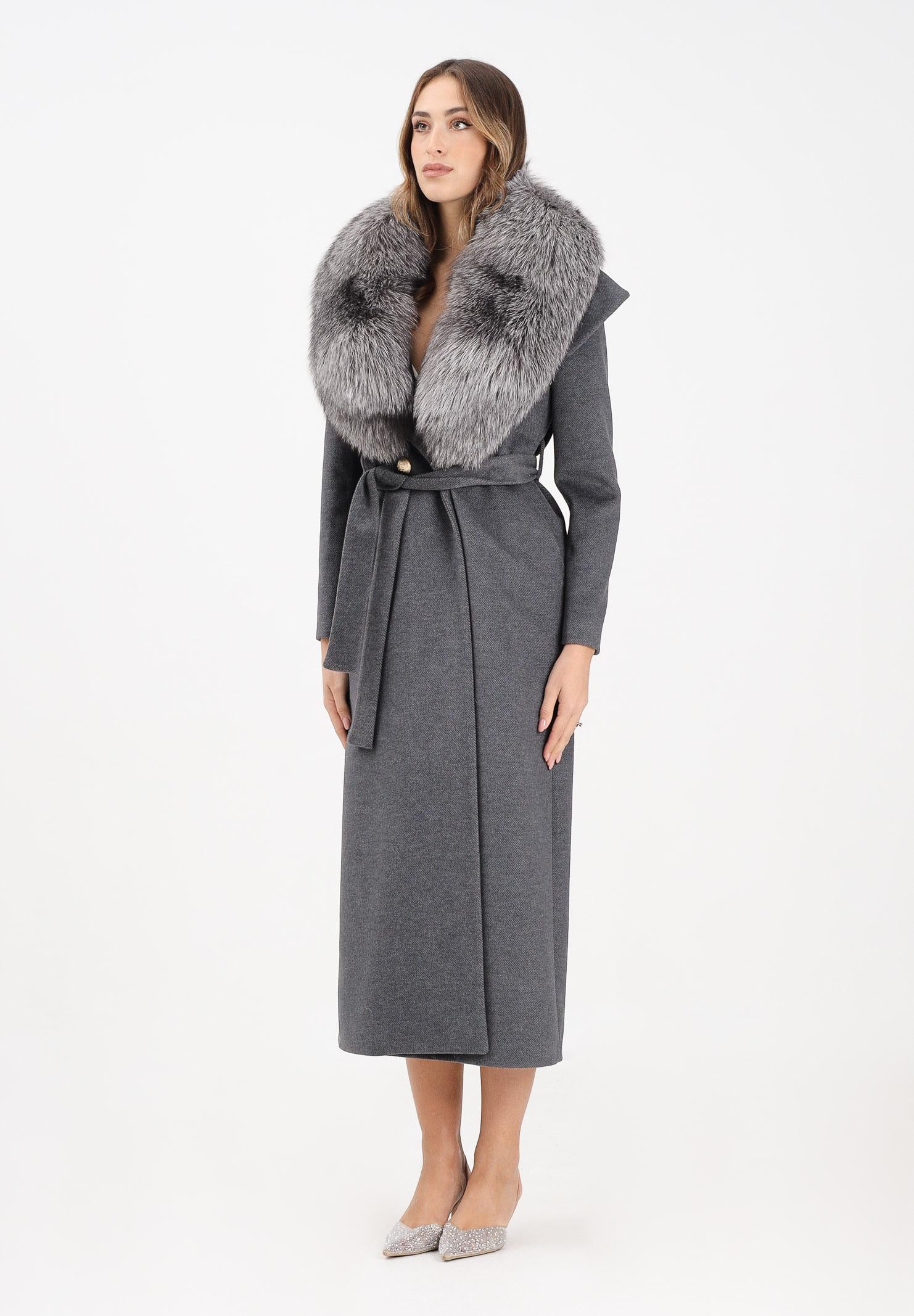 Image of YES LONDON Cappotto grigio da donna con collo in vera pelliccia