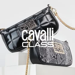 Due borse esposte, una in pelle lucida trapuntata nera con un logo dorato, l'altra con motivo in pelle di serpente e una tracolla in oro.