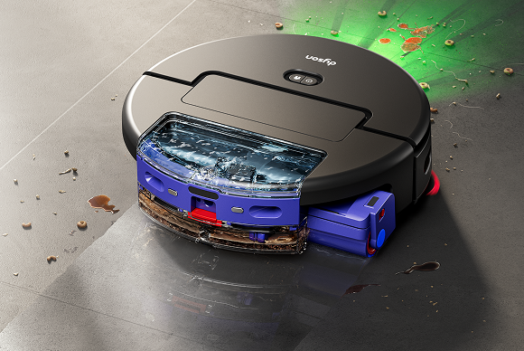 Il robot aspirapolvere Dyson Spot+Scrub Ai pulisce liquidi e macchie su un pavimento a piastrelle.