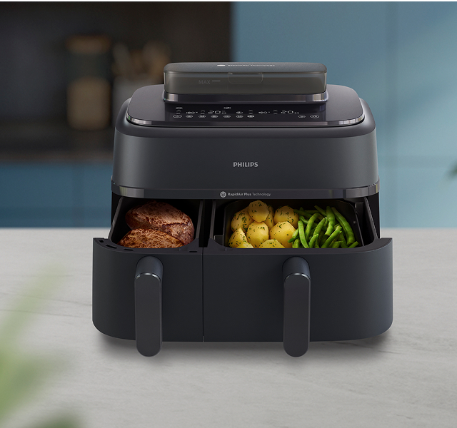 Scopri Philips Airfryer Serie 5000 con doppio cestello e vapore.