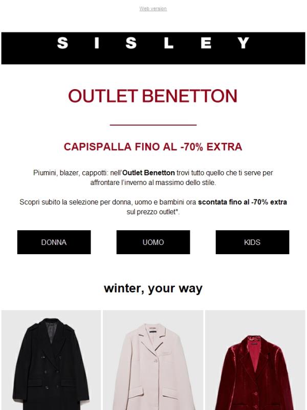 Capispalla invernali: fino al -70% extra su Outlet Benetton