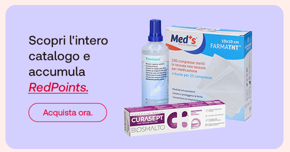 Tre prodotti visibili: Pontosan spray, compresse sterili Med&rsquo;s e dentifricio Curasept Biosmalto. A sinistra il testo: &ldquo;Scopri l&rsquo;intero catalogo e accumula RedPoints&rdquo;, con &ldquo;RedPoints&rdquo; in rosso corsivo e sottolineato. In basso un pulsante rosso: &ldquo;Acquista ora&rdquo;.