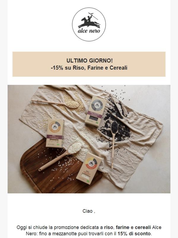 La promozione termina oggi: -15% su Riso, Farine e Cereali 🌾