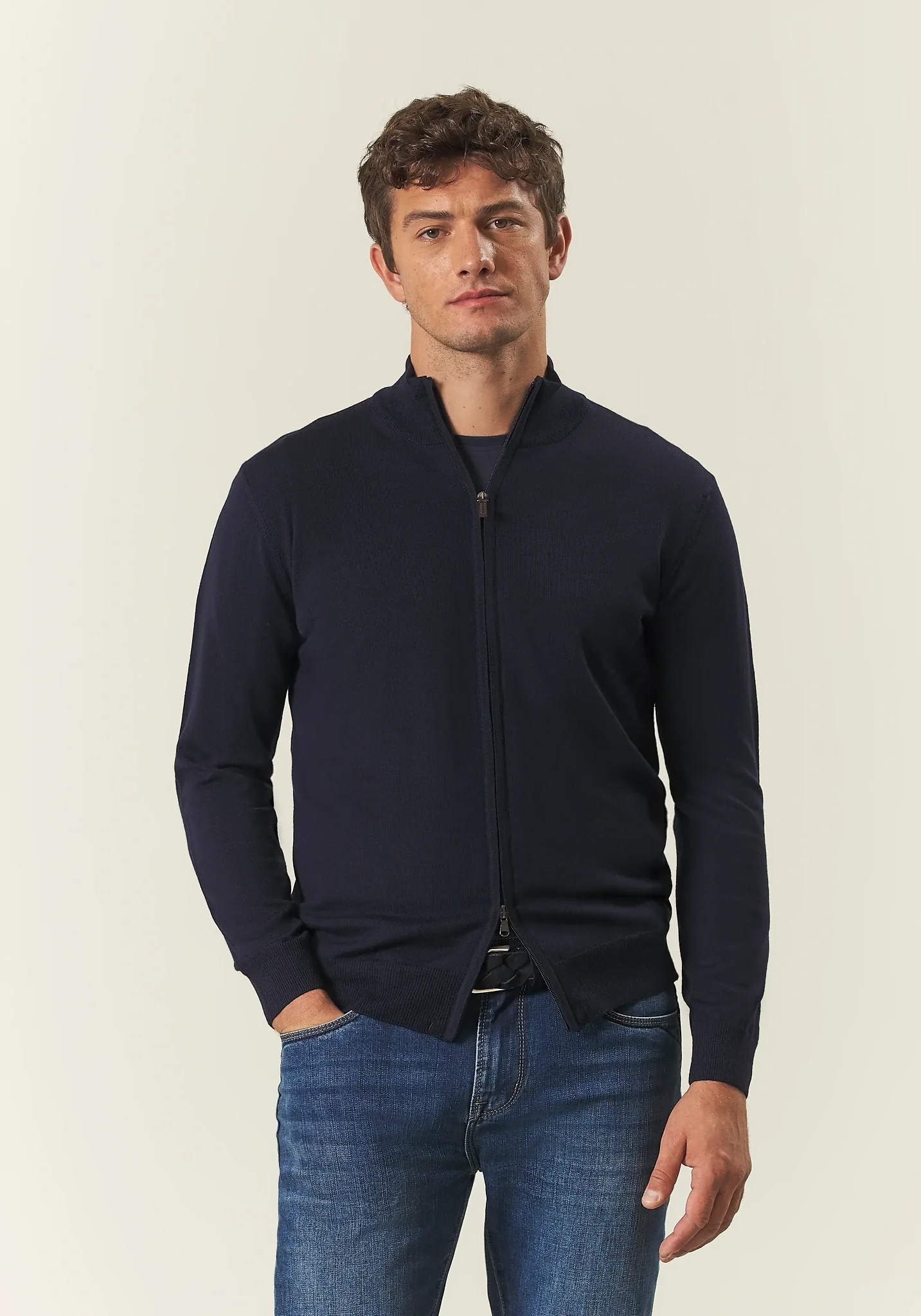 Image of Maglia full zip blu scuro lana merinos Lana Gatto