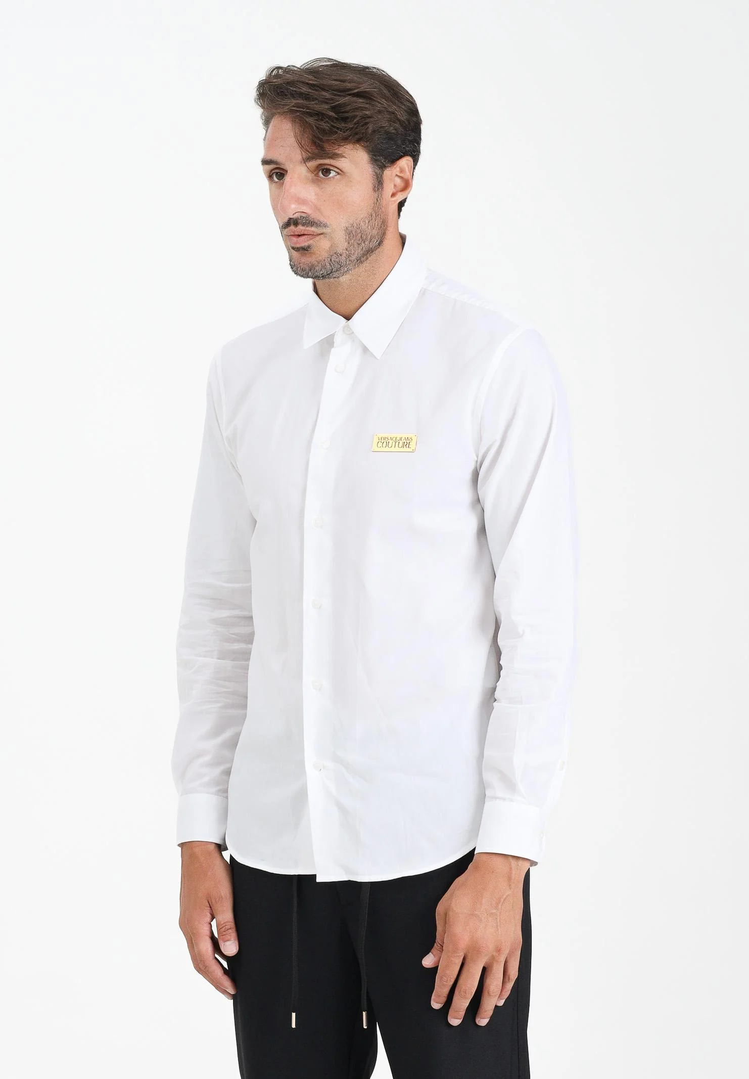 Image of VERSACE JEANS COUTURE Camicia a manica lunga bianca da uomo con hardware Institutional Logo