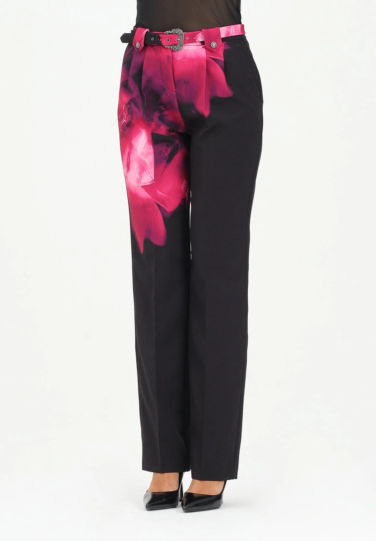 Image of VERSACE JEANS COUTURE Pantalone elegante nero da donna con stampa fiore