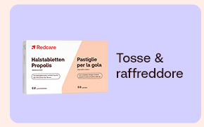 Scatola Redcare Pastiglie per la gola con propoli (Halstabletten Propolis). A destra il testo: &ldquo;Tosse & raffreddore&rdquo; su sfondo lilla.
