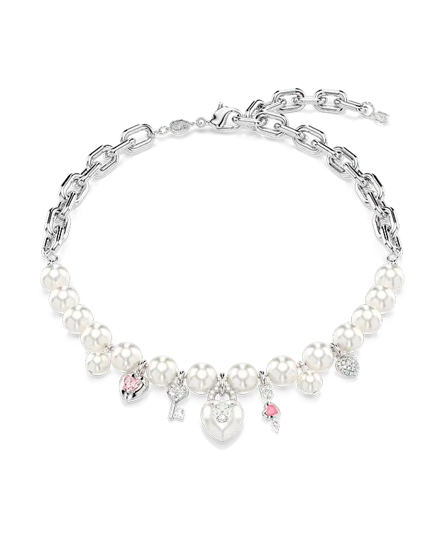 Collana Idyllia, Crystal Pearl, Taglio misto, Bianca, Placcato rodio