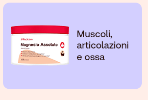 Vasetto Redcare Magnesio Assoluto. A destra, testo: &ldquo;Muscoli, articolazioni e ossa&rdquo;, su sfondo lilla.