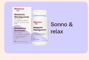 Confezione e flacone di Redcare Melatonina Gommose (Melatonin Weichgummis). A destra il testo: &ldquo;Sonno & relax&rdquo; su sfondo lilla.