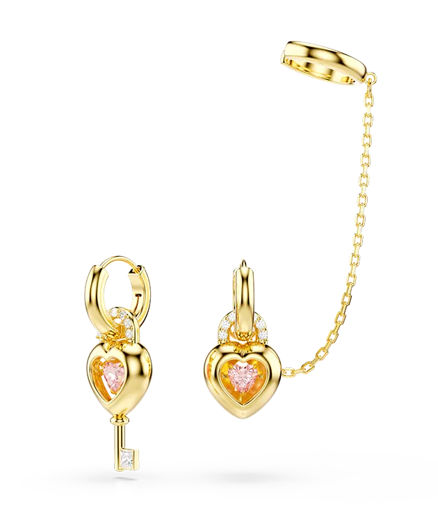 Orecchini pendenti con ear cuff Idyllia, Taglio misto, Cuore con chiave, Rosa, Placcato color oro