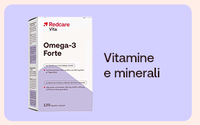 Scatola Redcare Omega-3 Forte da 120 capsule. A destra, testo: &ldquo;Vitamine e minerali&rdquo; su sfondo lilla.