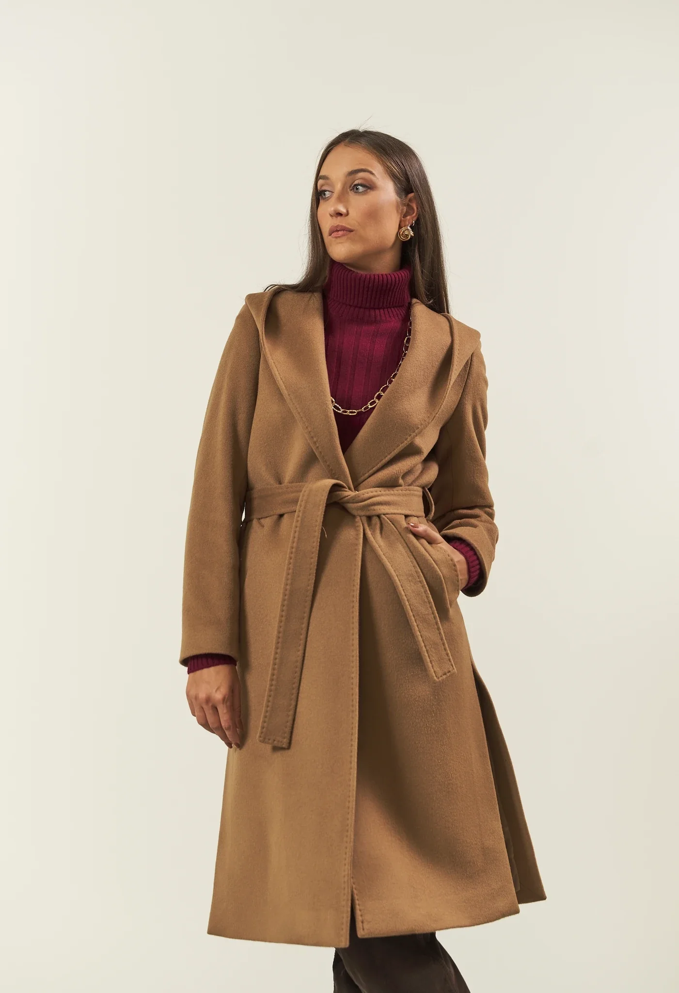 Image of Cappotto cammello misto cashmere con cappuccio