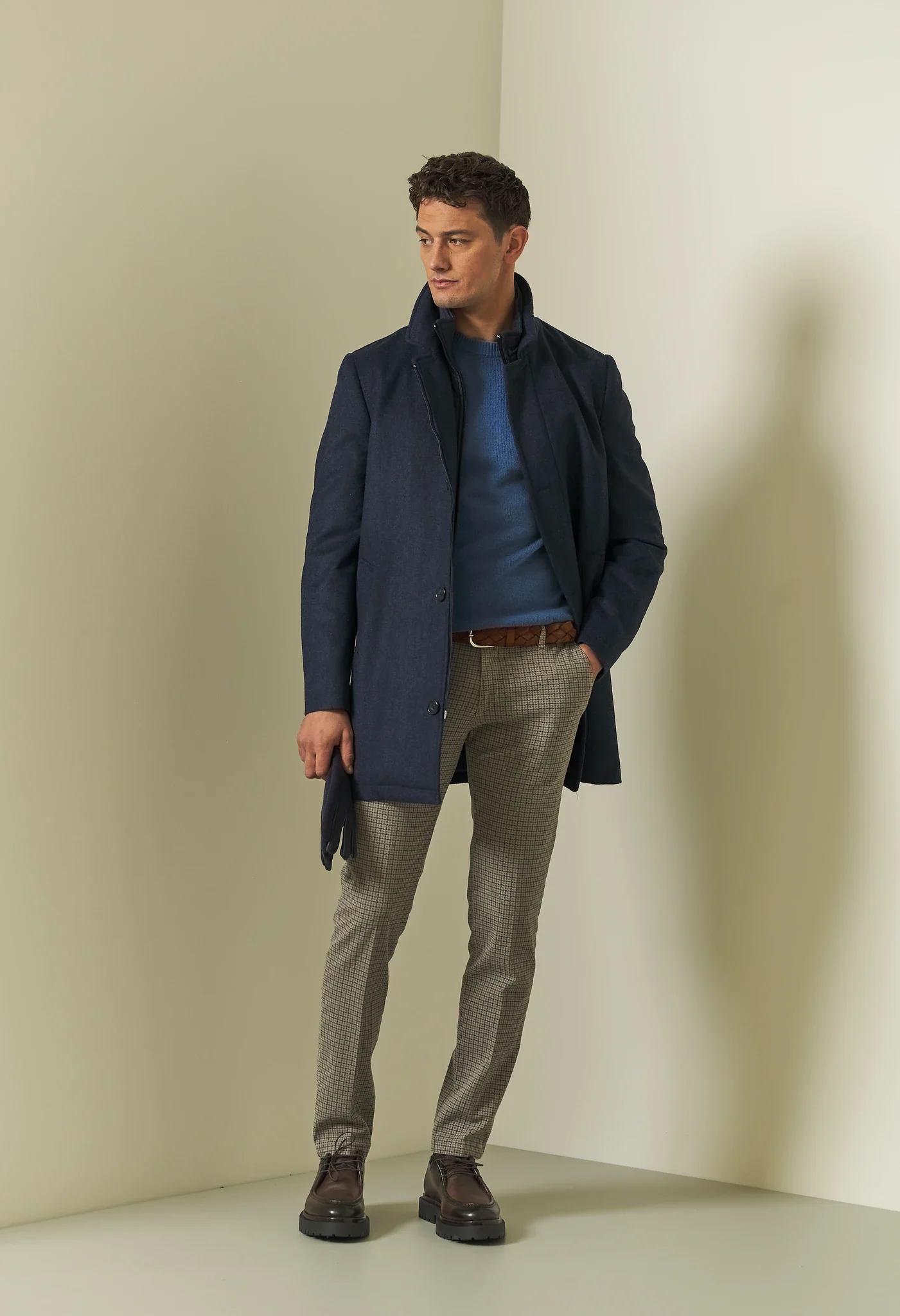 Image of Cappotto blu collo coreano misto lana resca