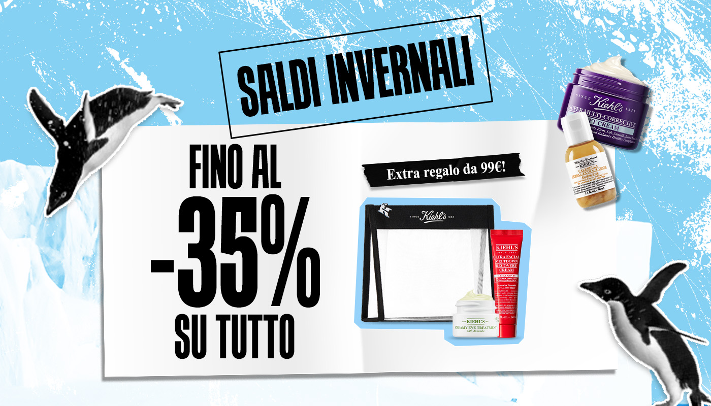 Visual dei saldi invernali Kiehl&rsquo;s con scritta &ldquo;Saldi Invernali&rdquo; e &ldquo;Sieri ad alta concentrazione&rdquo;. In evidenza tre sieri viso Ultra Pure High-Potency.