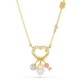 Pendente Idyllia, Taglio misto, Cuore, Chiave, Rosa, Placcato color oro