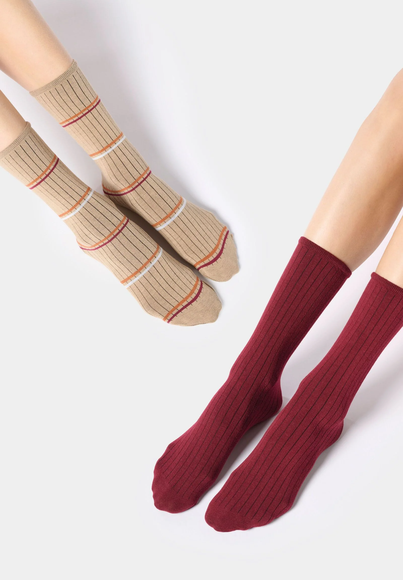 Image of Calzini in Viscosa a Coste Twins Plain & Stripes Bipack - Bordeaux e Camel