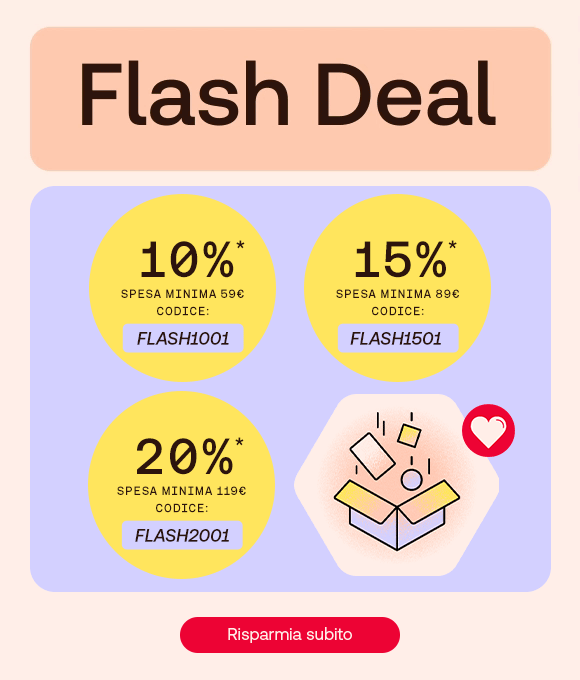 Grafica promozionale con il titolo "Flash Deal". Tre sconti visibili in cerchi gialli: -10% con spesa minima di 59&euro; (codice FLASH1001), -15% con spesa minima di 89&euro; (codice FLASH1501), -20% con spesa minima di 119&euro; (codice FLASH2001). A destra, un&rsquo;illustrazione di una scatola aperta con elementi colorati che saltano fuori, accompagnata da un'icona a forma di cuore. In basso un pulsante rosso con la scritta &ldquo;Risparmia subito&rdquo;.