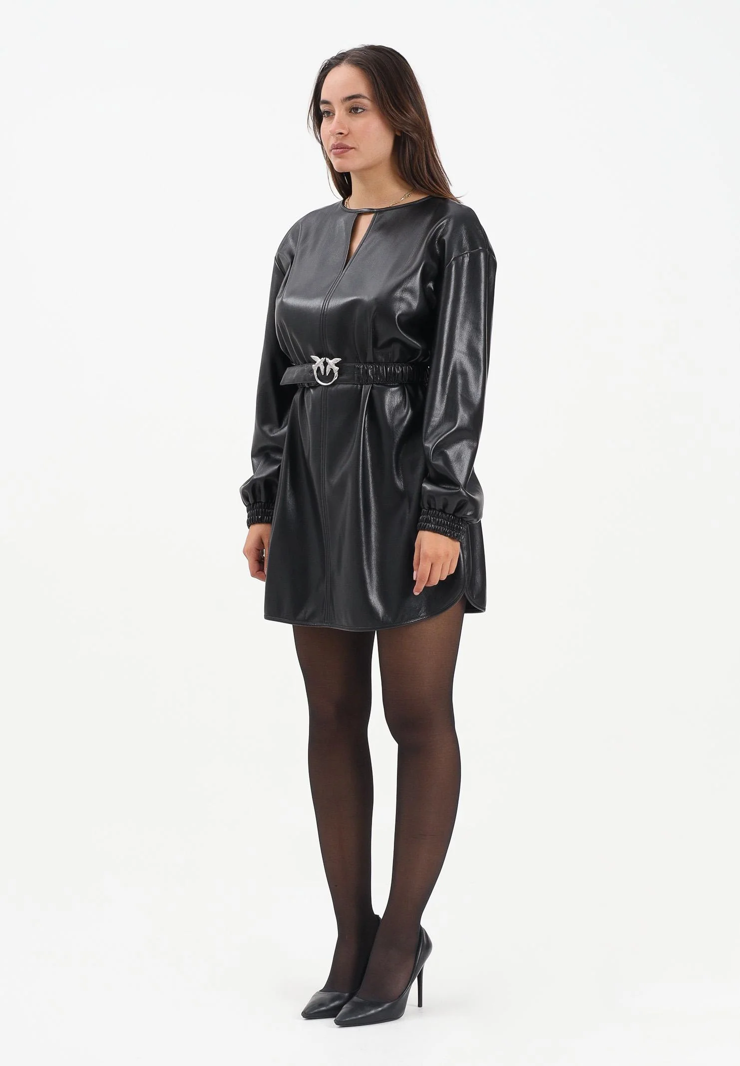 Image of PINKO Abito corto nero da donna effetto pelle