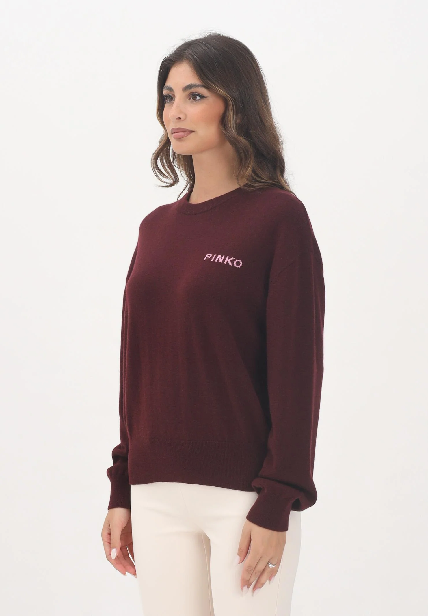 Image of PINKO Maglioncino girocollo vino da donna con maxi logo