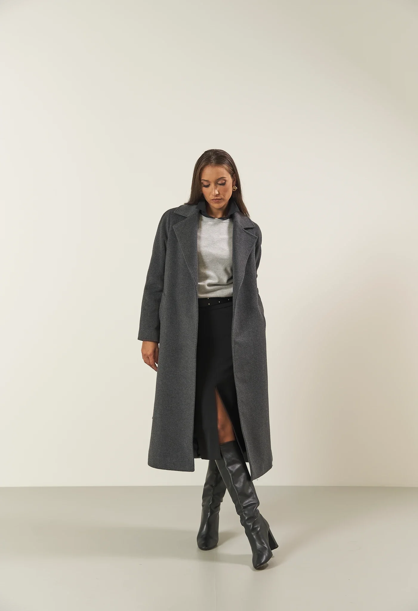 Image of Cappotto antracite misto cashmere con cintura