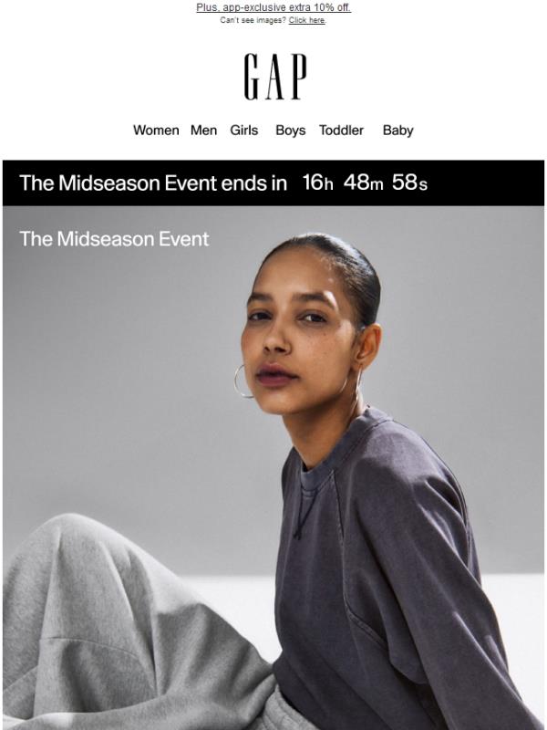 Your 50% off deal at our Midseason Event disappears tonight