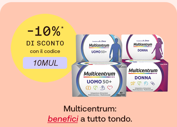 Confezioni di integratori Multicentrum per uomo e donna, accompagnate da un badge giallo con lo sconto del 10% e il codice promozionale 10MUL. Confezioni di integratori Multicentrum per uomo e donna, accompagnate da un badge giallo con lo sconto del 10% e il codice promozionale 10MUL.