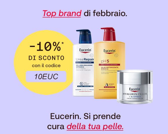 Banner promozionale di Eucerin per febbraio. Tre prodotti Eucerin (UreaRepair PLUS, pH5 Olio Detergente Doccia, Hyaluron-Filler) sono accompagnati da uno sconto del 10% con il codice 10EUC. Il messaggio evidenzia che Eucerin si prende cura della pelle. Banner promozionale di Eucerin per febbraio. Tre prodotti Eucerin (UreaRepair PLUS, pH5 Olio Detergente Doccia, Hyaluron-Filler) sono accompagnati da uno sconto del 10% con il codice 10EUC. Il messaggio evidenzia che Eucerin si prende cura della pelle.