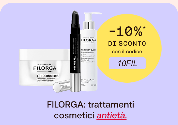 "Prodotti Filorga - trattamenti cosmetici antietà con il 10% di sconto usando il codice 10FIL. Immagine di tre prodotti Filorga su sfondo lilla, con badge giallo che evidenzia lo sconto." "Prodotti Filorga - trattamenti cosmetici antietà con il 10% di sconto usando il codice 10FIL. Immagine di tre prodotti Filorga su sfondo lilla, con badge giallo che evidenzia lo sconto."