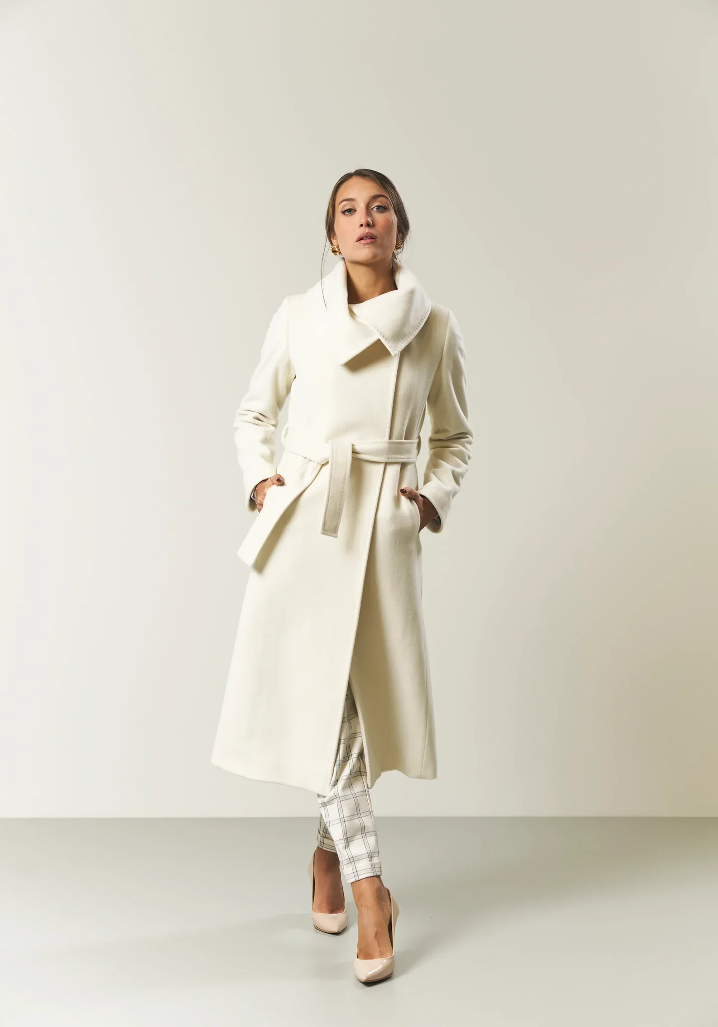 Image of Cappotto panna misto cashmere collo anello