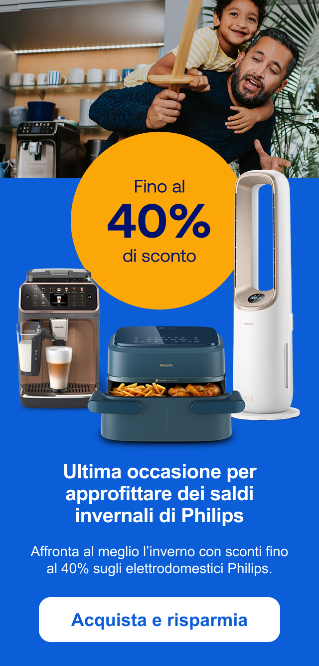 Ultima occasione per approfittare dei saldi invernali di Philips. Affronta al meglio l’inverno con sconti fino al 40% sugli elettrodomestici Philips. Acquista e risparmia