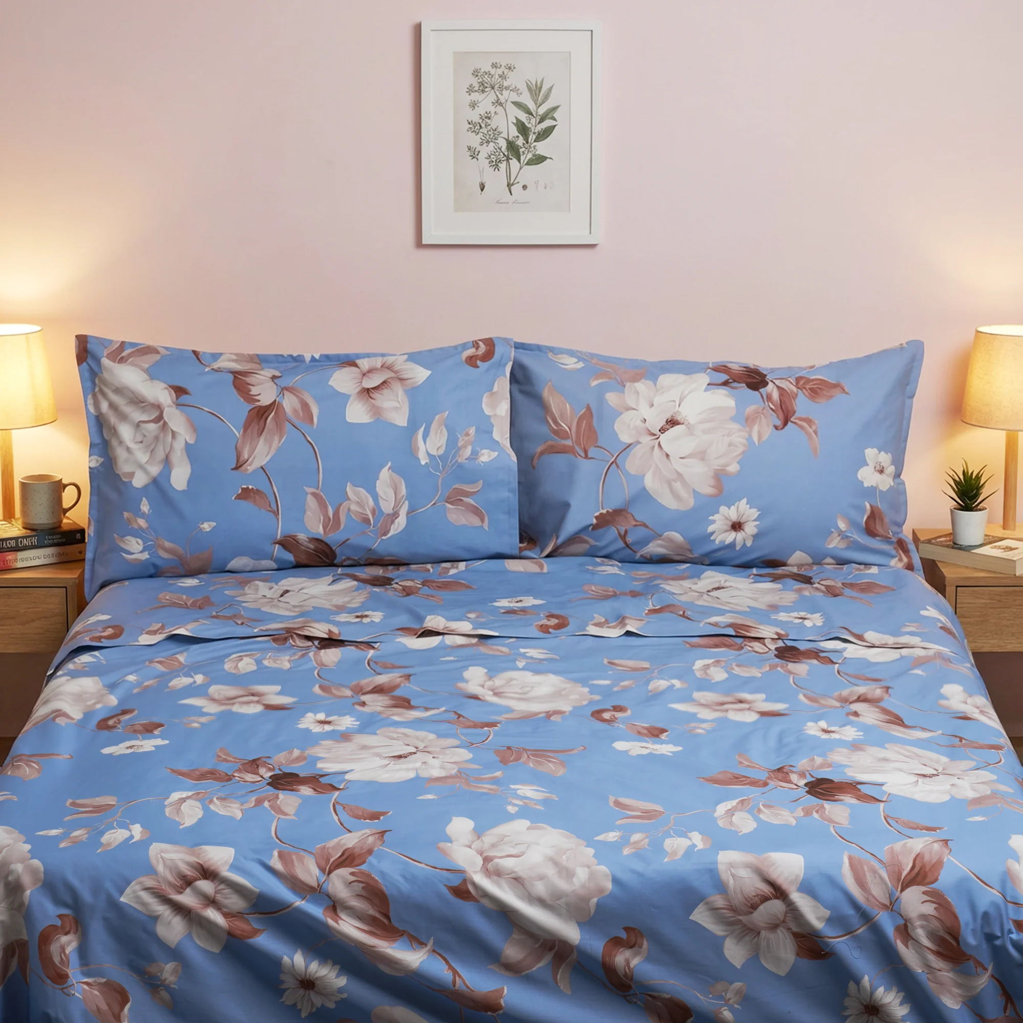 Image of Completo Lenzuola in Percalle di <br>Cotone Fantasia Floreale - <b>Rosewood