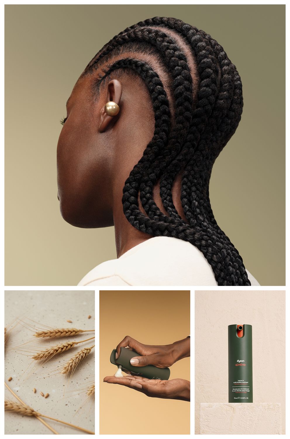 Dyson Amino leave-in scalp bubble treatment, a model with nourished hair and scalp and stalks of barley.