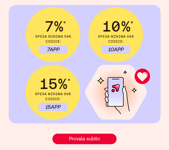 Tre sconti visibili in cerchi gialli: -7% con spesa minima di 59&euro; (codice 7APP),-10% con spesa minima di 69&euro; (codice 10APP), -15% con spesa minima di 99&euro; (codice 15APP). A destra, un&rsquo;illustrazione di una scatola aperta con elementi colorati che saltano fuori, accompagnata da un'icona a forma di cuore. In basso un pulsante rosso con la scritta &ldquo;Risparmia subito&rdquo;.