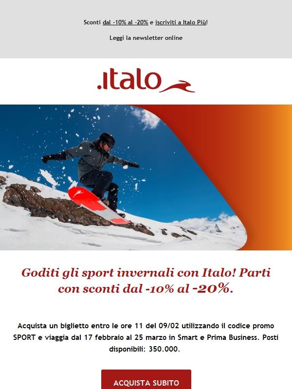 Goditi gli sport invernali con Italo! Parti con sconti dal -10% al -20%.