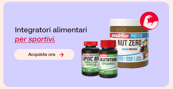 "Immagine promozionale di integratori alimentari per sportivi. Mostra due flaconi di integratori e una crema proteica Nut Zero su sfondo viola, con il testo: 'Integratori alimentari per sportivi'."