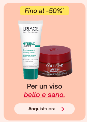 Due creme viso Uriage e Collistar con testo "Per un viso bello e sano" e sconto fino al 50%. Bottone: Acquista ora.