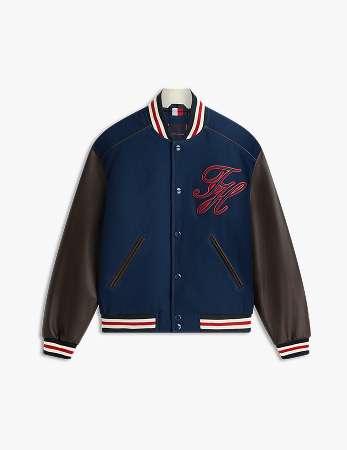 Giacca college in pelle con applique del logo