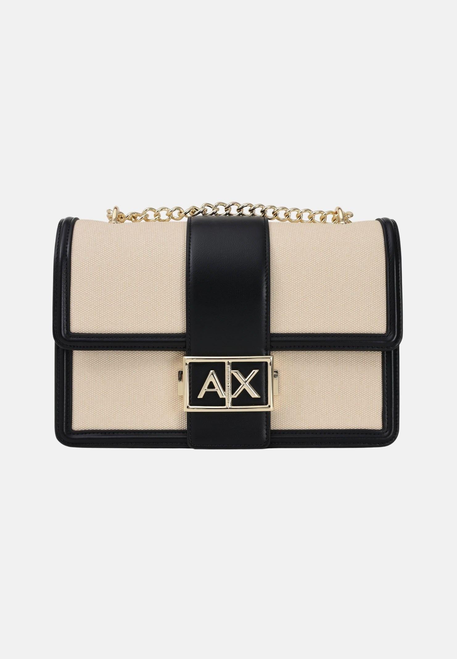 Image of ARMANI EXCHANGE Borsa a tracolla beige e nera da donna con fibbia logo
