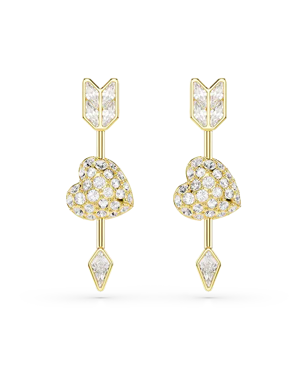 Orecchini pendenti Idyllia, Taglio misto, Cuore con freccia, Bianchi, Placcato color oro