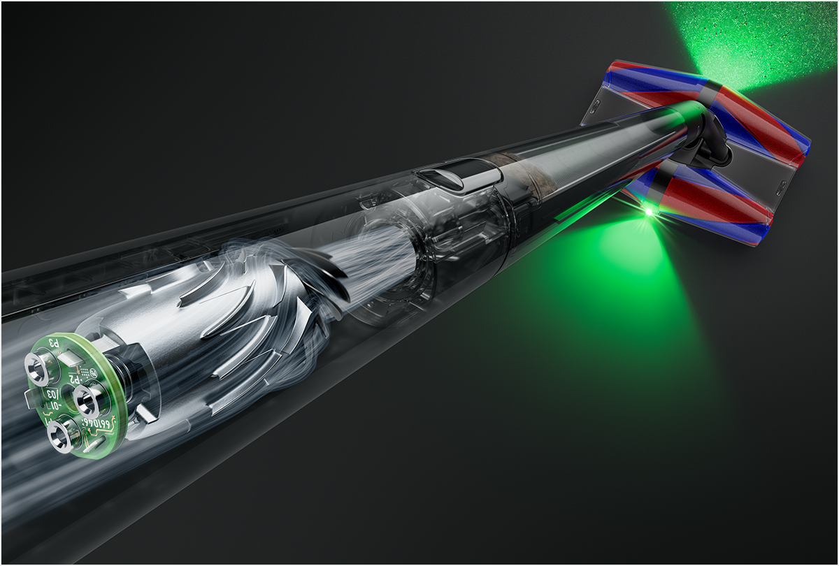 View down the wand of the Dyson PencilVac cleaner with the technology shown through the outercasing.