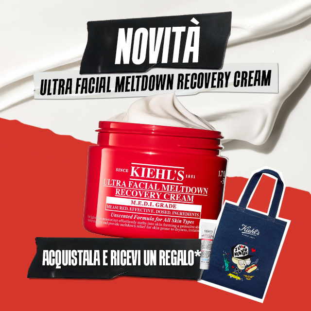 Banner promozionale con un vasetto rosso di Ultra Facial Meltdown Recovery Cream Kiehl&rsquo;s, affiancato da una tote bag blu Kiehl&rsquo;s. In alto la scritta &ldquo;Novit&agrave;&rdquo; e il nome del prodotto, su sfondo rosso e bianco con texture di crema.