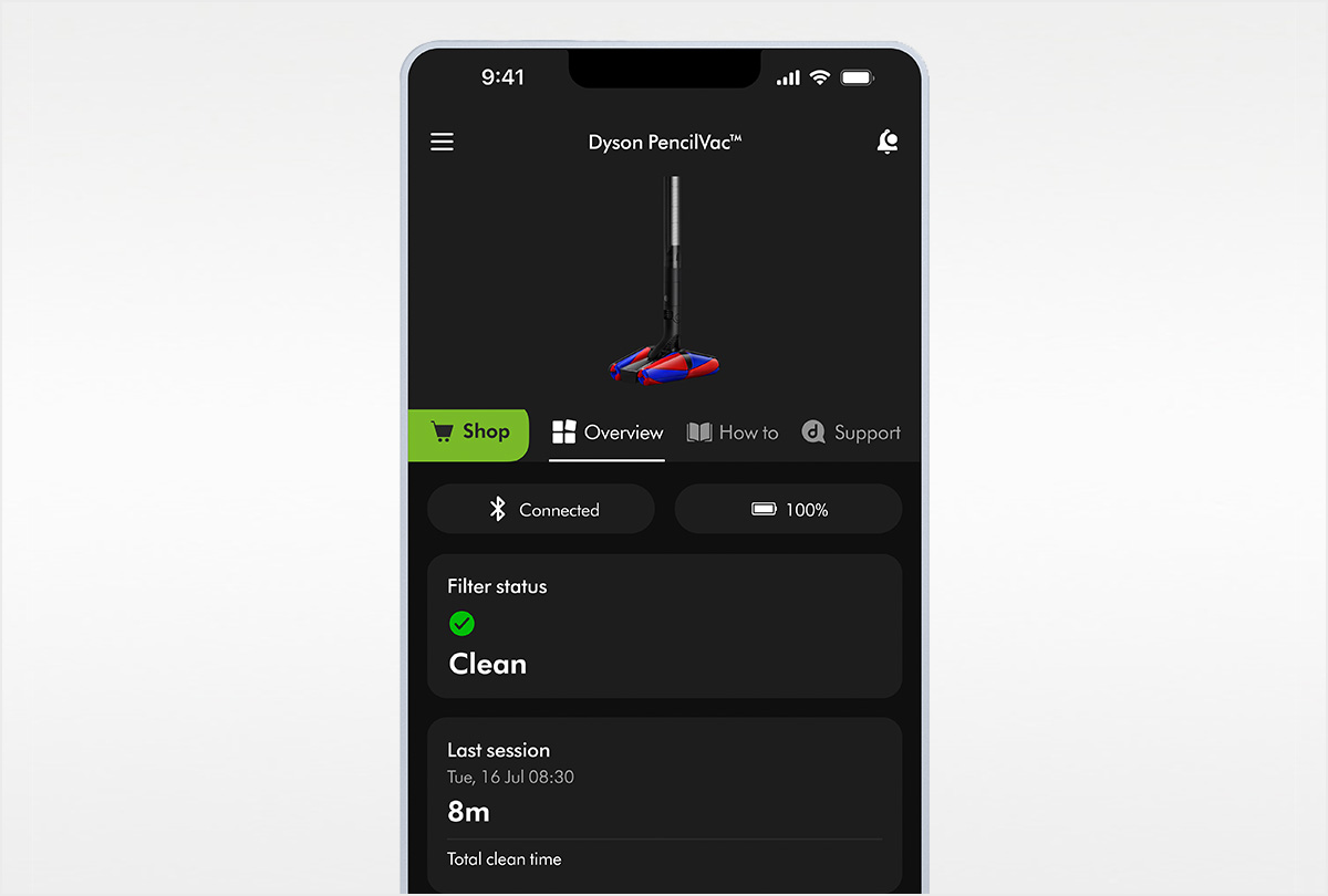 The MyDyson app showing the status of someone's filter status of the Dyson PencilVac cleaner.
