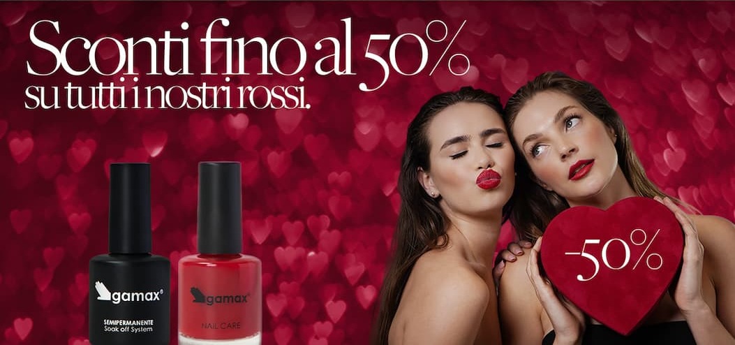 Il tuo codice: ROSSI50  Valido solo per le prossime 72 ore  &nbsp; Smalti e semipermanenti rossi al 50% di sconto. Tutti i rossi che ami, a metà prezzo.  &nbsp; Rossi profondi, rossi luminosi, rossi glitter. Perfetti per San Valentino e non solo...